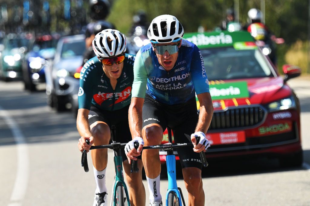PICO VILLUERCAS SPAIN AUGUST 20 LR Pablo Castrillo of Spain and Team Equipo Kern Pharma and Bruno Armirail of France and Team Decathlon AG2R La Mondiale compete in the breakaway during the La Vuelta 79th Tour of Spain 2024 Stage 4 a 1705km stage from Plasencia to Pico Villuercas 1544m UCIWT on August 20 2024 in Pico Villuercas Spain Photo by Tim de WaeleGetty Images