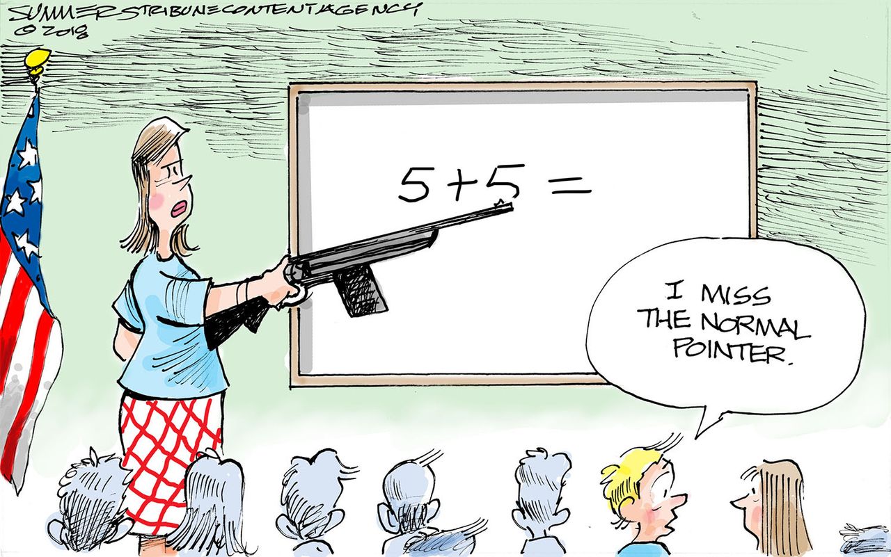 Political cartoon U.S. School shootings arming teachers