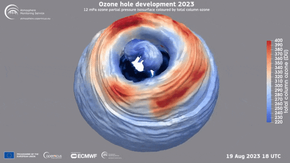 A simulation of an ozone hole opening up