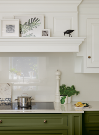 White kitchen tiled splashback with shelving and kitchen wall decor