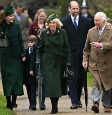 King Charles, Queen Camilla and the Royal Family walking to church on Christmas day wearing long coats and hats
