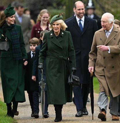 King Charles, Queen Camilla and the Royal Family walking to church on Christmas day wearing long coats and hats