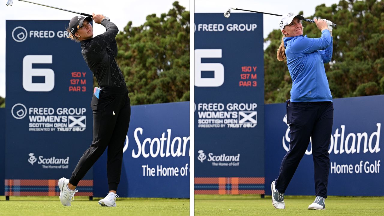 Linn Grant (left) and Gemma Dryburgh (right) hitting tee shots on the sixth hole at Dundonald Links during the 2023 Women&#039;s Scottish Open