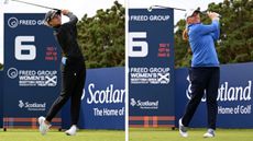 Linn Grant (left) and Gemma Dryburgh (right) hitting tee shots on the sixth hole at Dundonald Links during the 2023 Women's Scottish Open