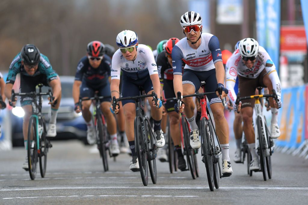 BESSGES FRANCE FEBRUARY 05 Arrival Mads Wurtz Schmidt of Denmark and Team Israel StartUp Nation Edward Theuns of Belgium and Team Trek Segafredo Greg Van Avermaet of Belgium and AG2R Citroen Team during the 51st toile de Bessges Tour du Gard 2021 Stage 3 a 1548km stage from Bessges to Bessges EDB2020 on February 05 2021 in Bessges France Photo by Luc ClaessenGetty Images
