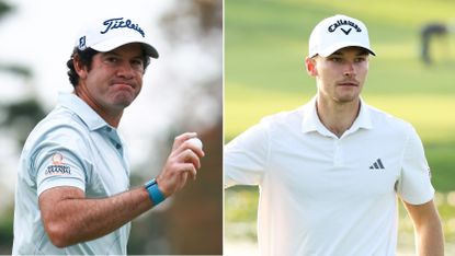 (left) Ricardo Gouveia holds a ball up to acknowledge the crowd while Nicolai Hojgaard does the same (right)