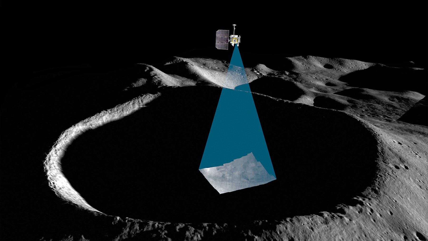 Kunstenaarsillustratie die een ruimtevaartuig toont dat een donkere maankrater scant en het oppervlak ervoor verlicht.