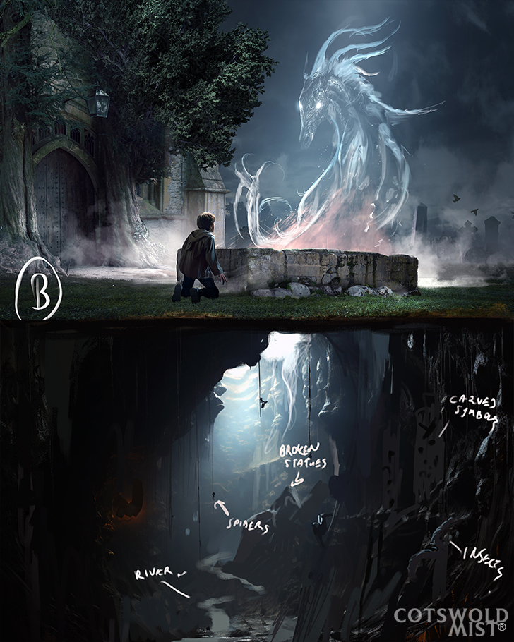Cotswold Mist; illustrations of a ghostly horse emerging beneath a stone bridge