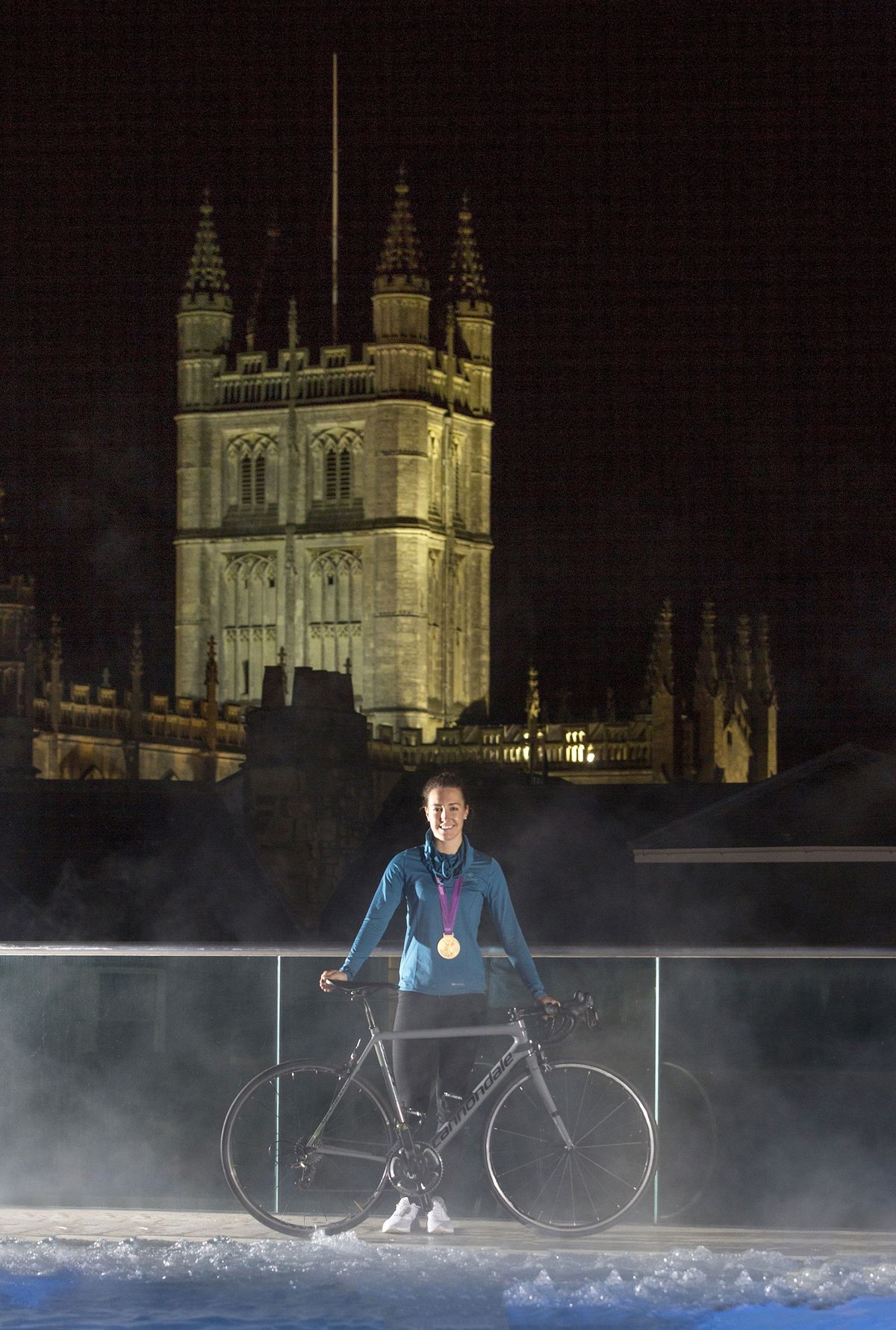 Dani King in front of the Abbey in Bath for the Tour Series launch