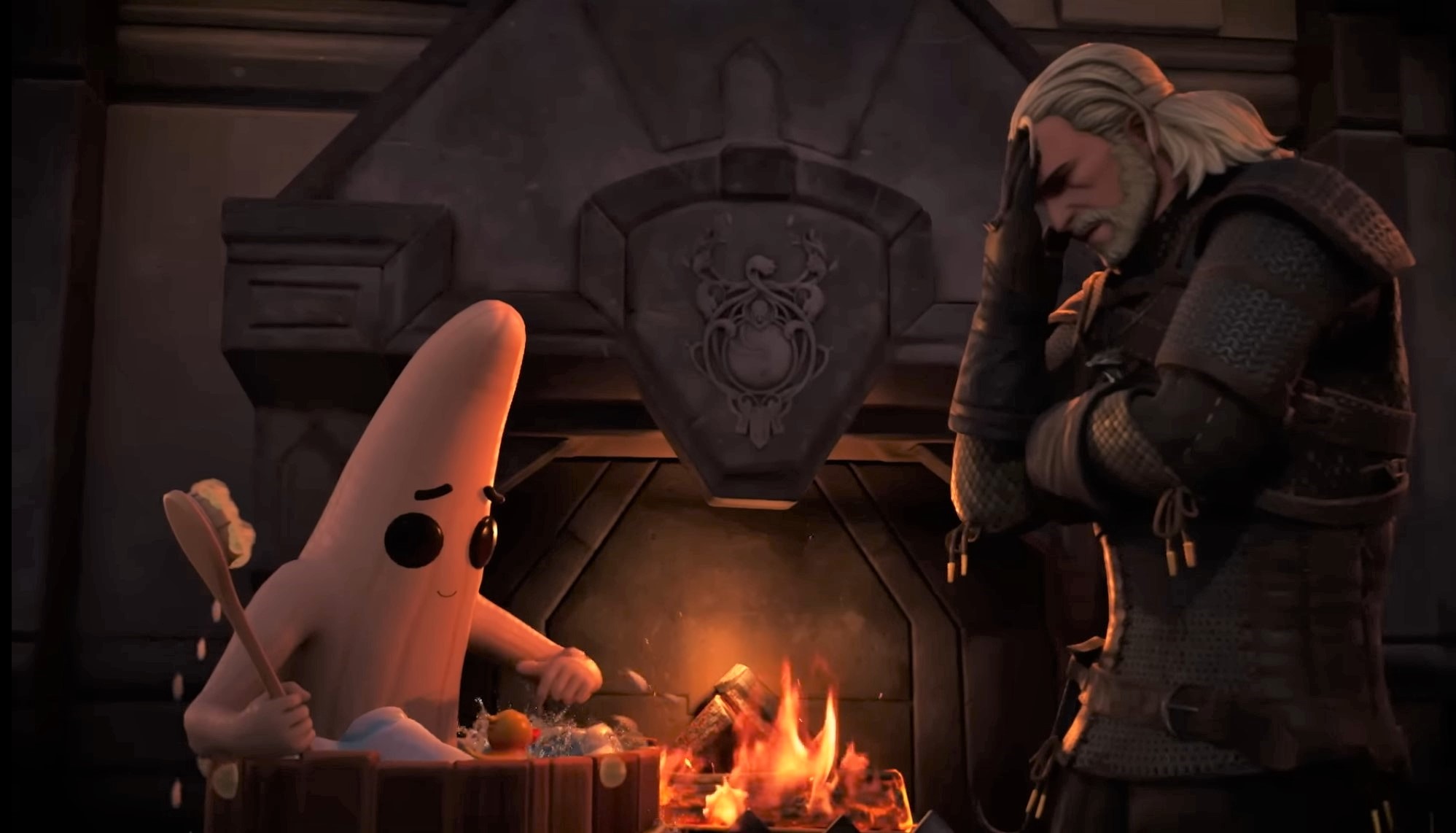 Geralt holds his head in frustration as Peely steals his iconic bathtub