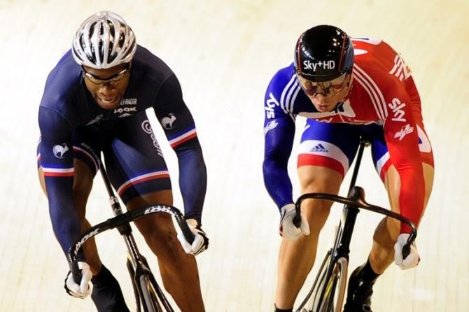 Gregory Bauge and Chris Hoy compete during their Men's Sprint quarterfinal as part of the Worlds in 2010