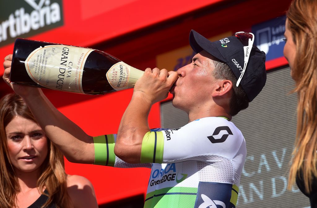 Caleb Ewan takes a giant sip of Cava