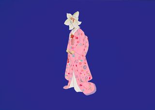 Human-plant hybrid image feauring a white flower head and human body standing, wearning a pink flowered floor lenght kimono