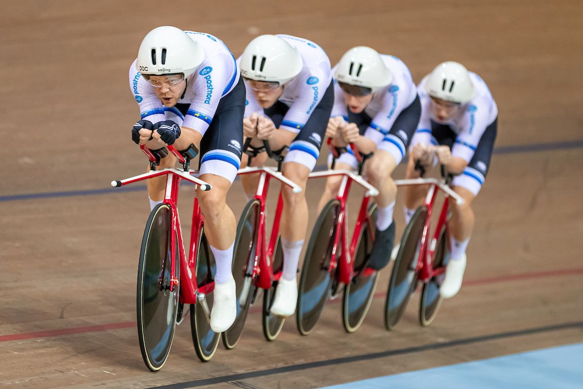 Lasse Norman Hansen, Julius Johansen, Frederik Rodenberg Madsen and Rasmus Pedersen of Denmark in action during the Mens Team Pursuit first round.
