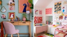 Blue office with pink chair and office with gallery wall