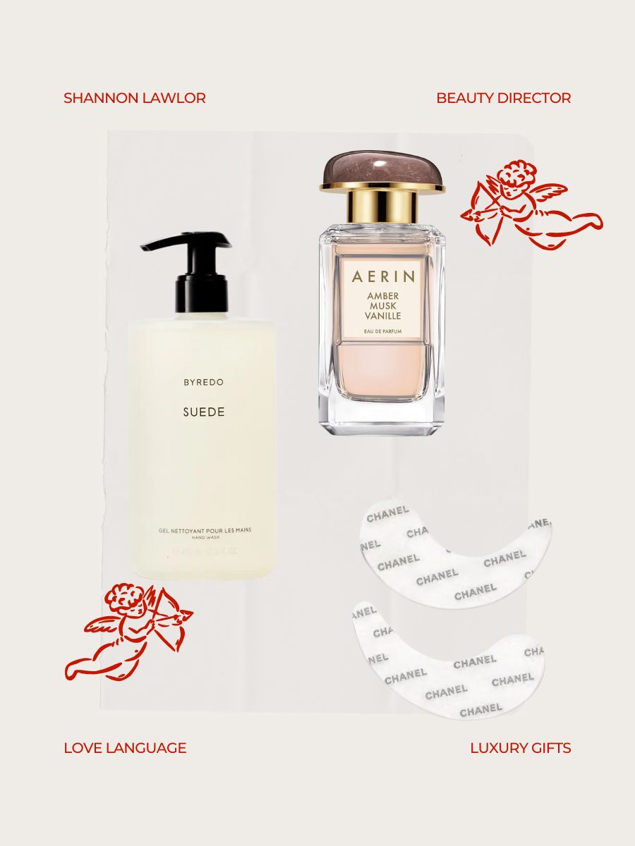 A collage with Shannon's picks, including Aerin Amber Musk Vanilla perfume, Byredo Suede hand soap and Chanel eye masks