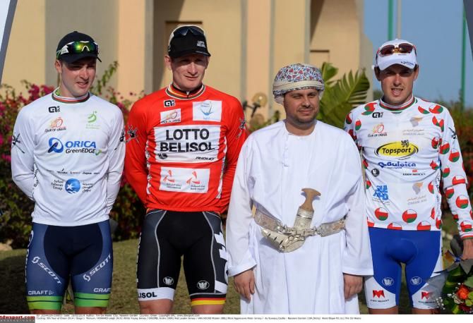 The jersey holders after stage 1 at the Tour of Oman (L-R): Leigh Howard, best young rider; Andre Greipel, race leader; and Preben Van Hecke, most aggressive