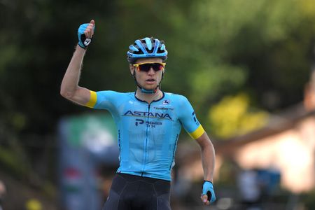 Aleksandr Vlasov (Astana) celebrates his solo victory at the Giro dell'Emilia