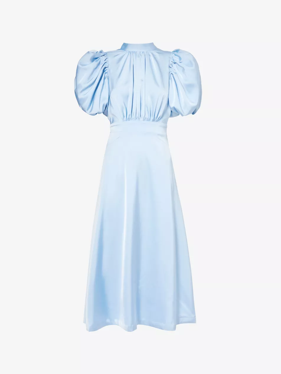 Puff-Sleeve Pleated Satin Midi Dress