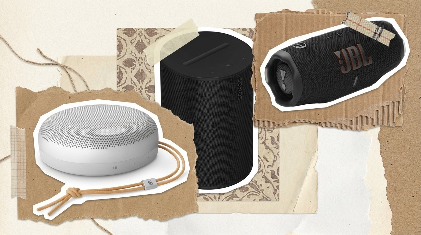 Collage of JBL, Sonos and B&O speakers 