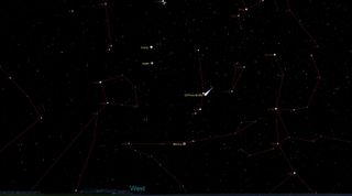 a map of the night sky showing the position of comet 12P/Pons-Brooks in the Aires constellation on the night of March 30, 2024