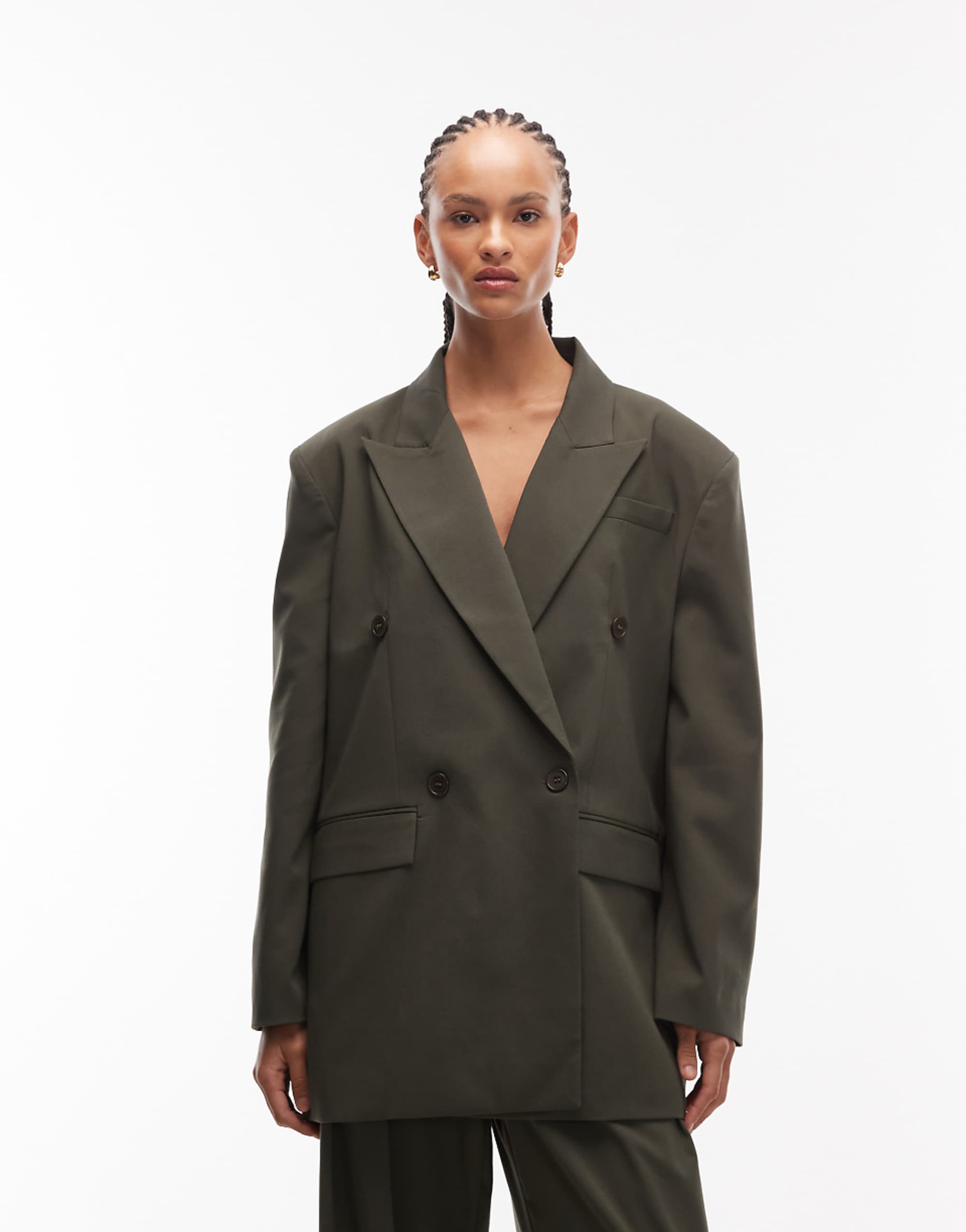 Asos Design Power Shoulders Double Breasted Suit Blazer in Olive