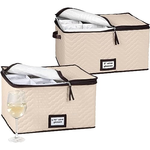 Wine Glass Storage With Dividers - (pack of 2 Sizes) Each Holds 12 Standard Size Glasses Up to 10" H - Stemware Storage Case, Protects Fine China, Quilted Microfiber Bin and Carry Handles