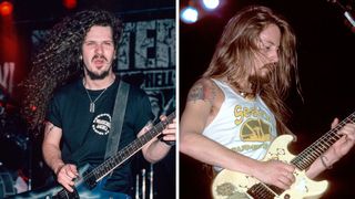 Left&ndash;Dimebag Darrell of Pantera performs at the Airport Music Hall on June 7, 1991, in Allentown, Pennsylvania; Right&ndash;Jerry Cantrell is shown performing on stage during a live concert appearance with Alice in Chains on October 29, 1991