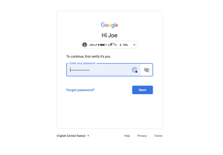 Google log-in page with "enter your password"