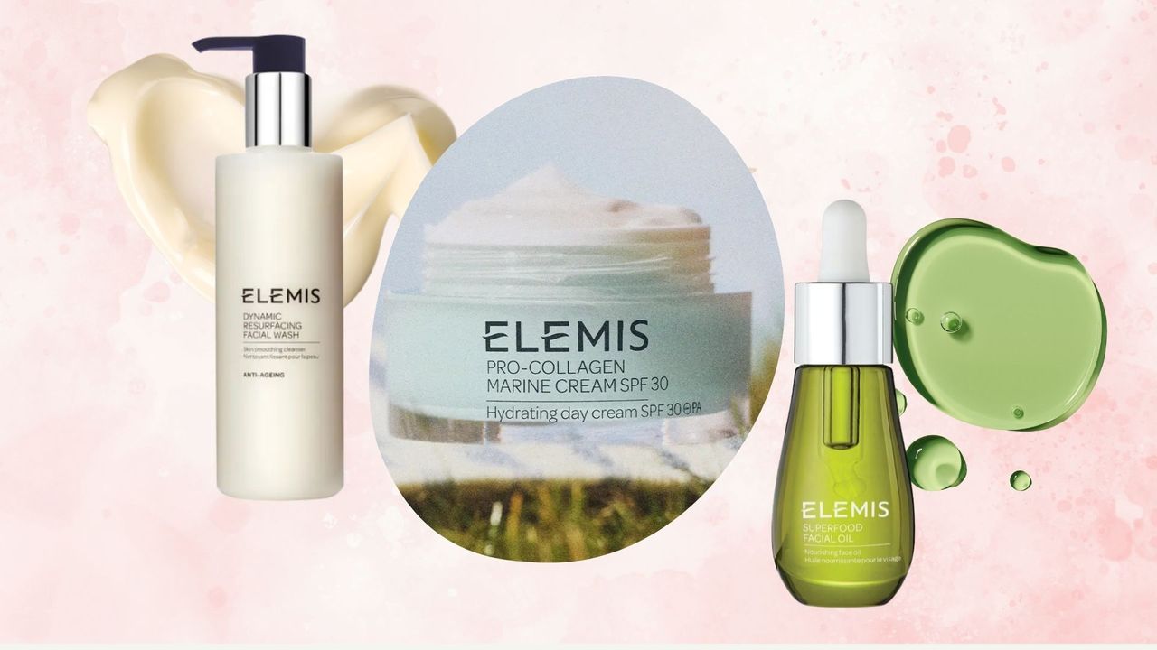 a pink watercolour background with an image of Elemis foaming facial wash and a circular image of elemis pro collagen marine cream on a grassy surface with elemis superfood facial oil in a green bottle and some drops of green skincare oil 