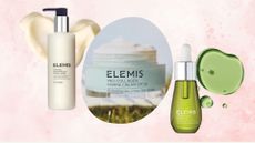 a pink watercolour background with an image of Elemis foaming facial wash and a circular image of elemis pro collagen marine cream on a grassy surface with elemis superfood facial oil in a green bottle and some drops of green skincare oil 