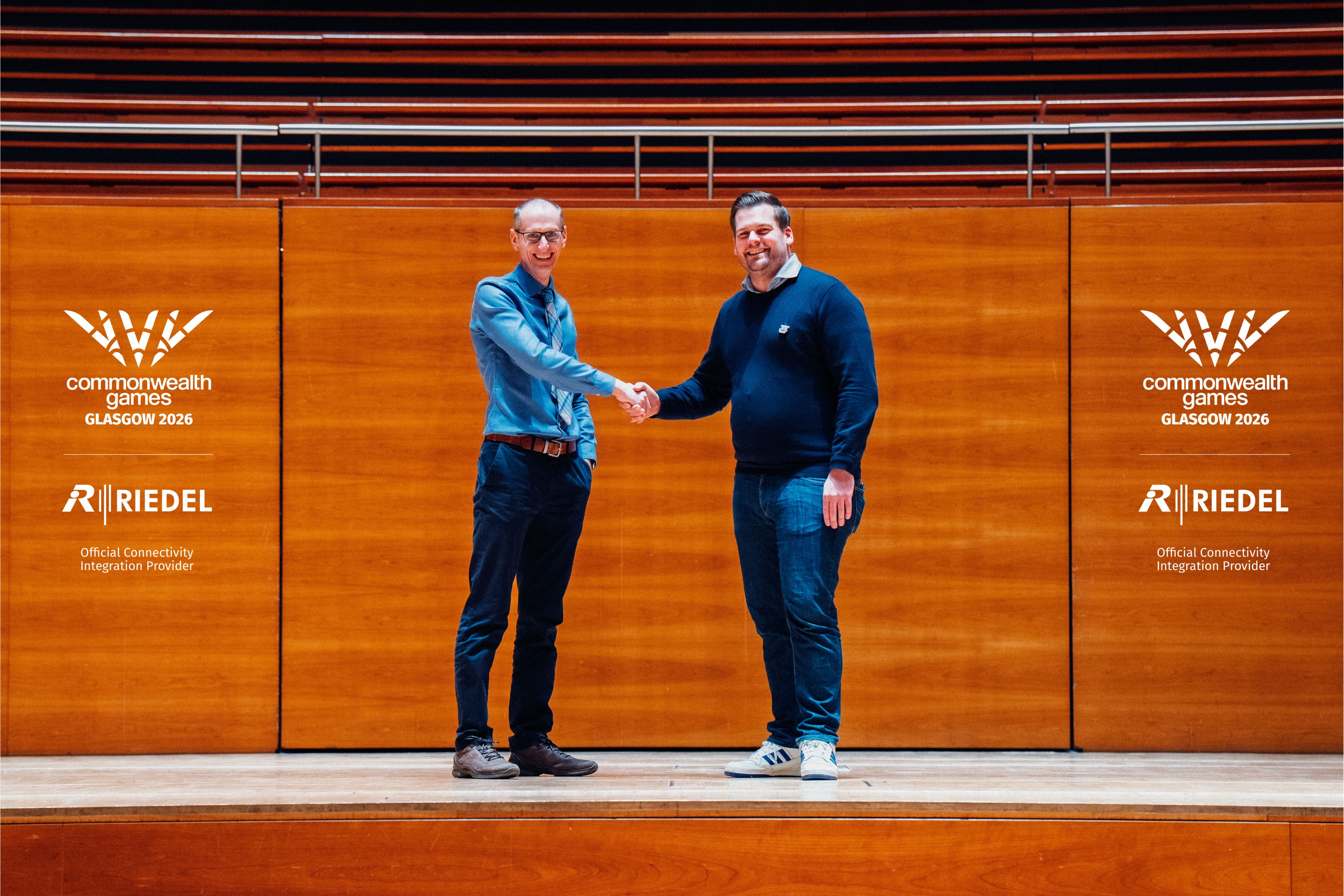 From left to right: Martin Fitchie, Chief Information Officer, Glasgow 2026 and Jan Sander, Senior Account Manager Multisport Events, Riedel Communications