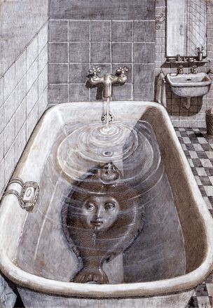 drawing of fish with human face inside bathtub