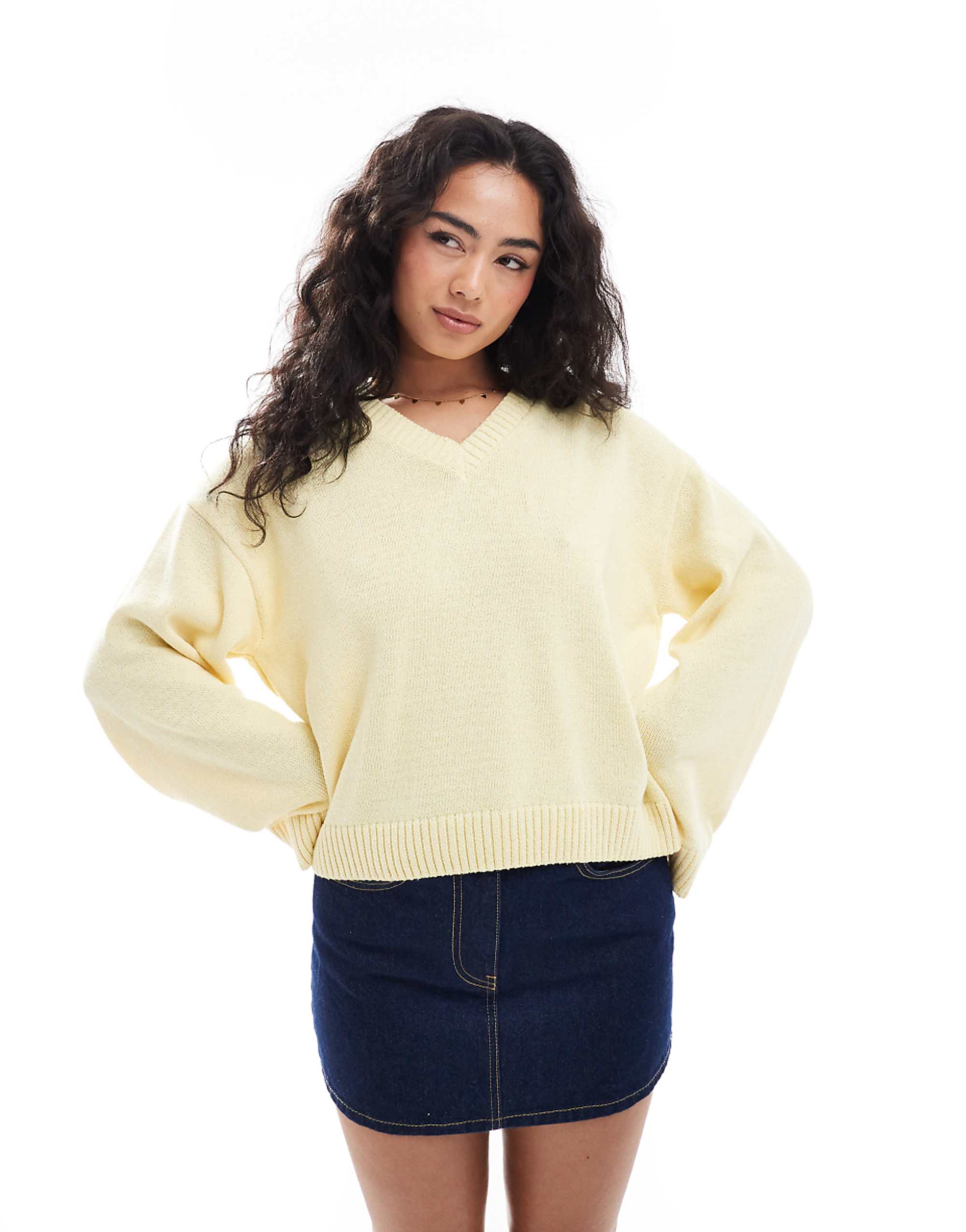Asos Design Knit V Neck Sweater With Wide Sleeve in Buttermilk Yellow