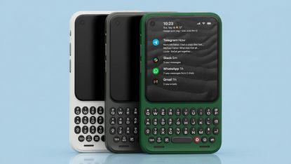 Clicks Communicator in multiple colours on a blue background