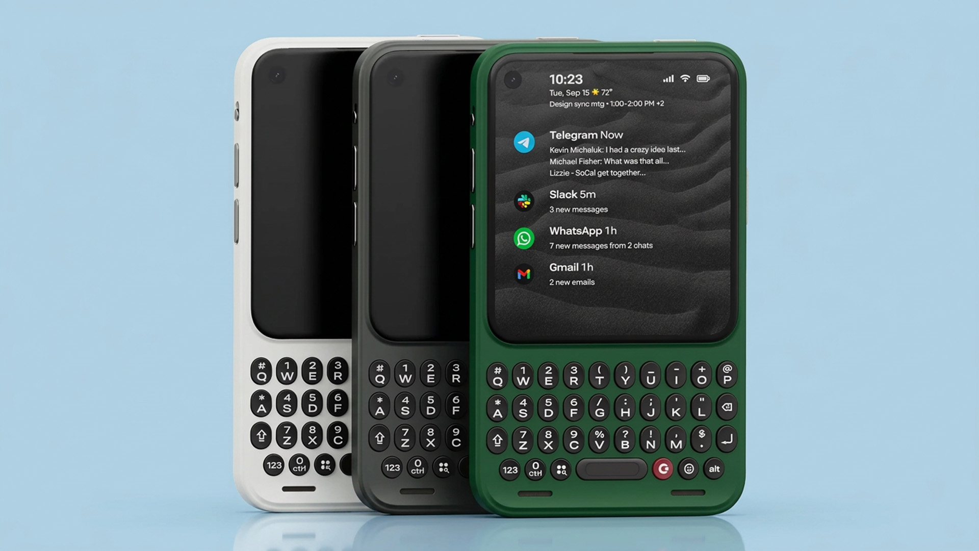 Clicks Communicator in multiple colours on a blue background