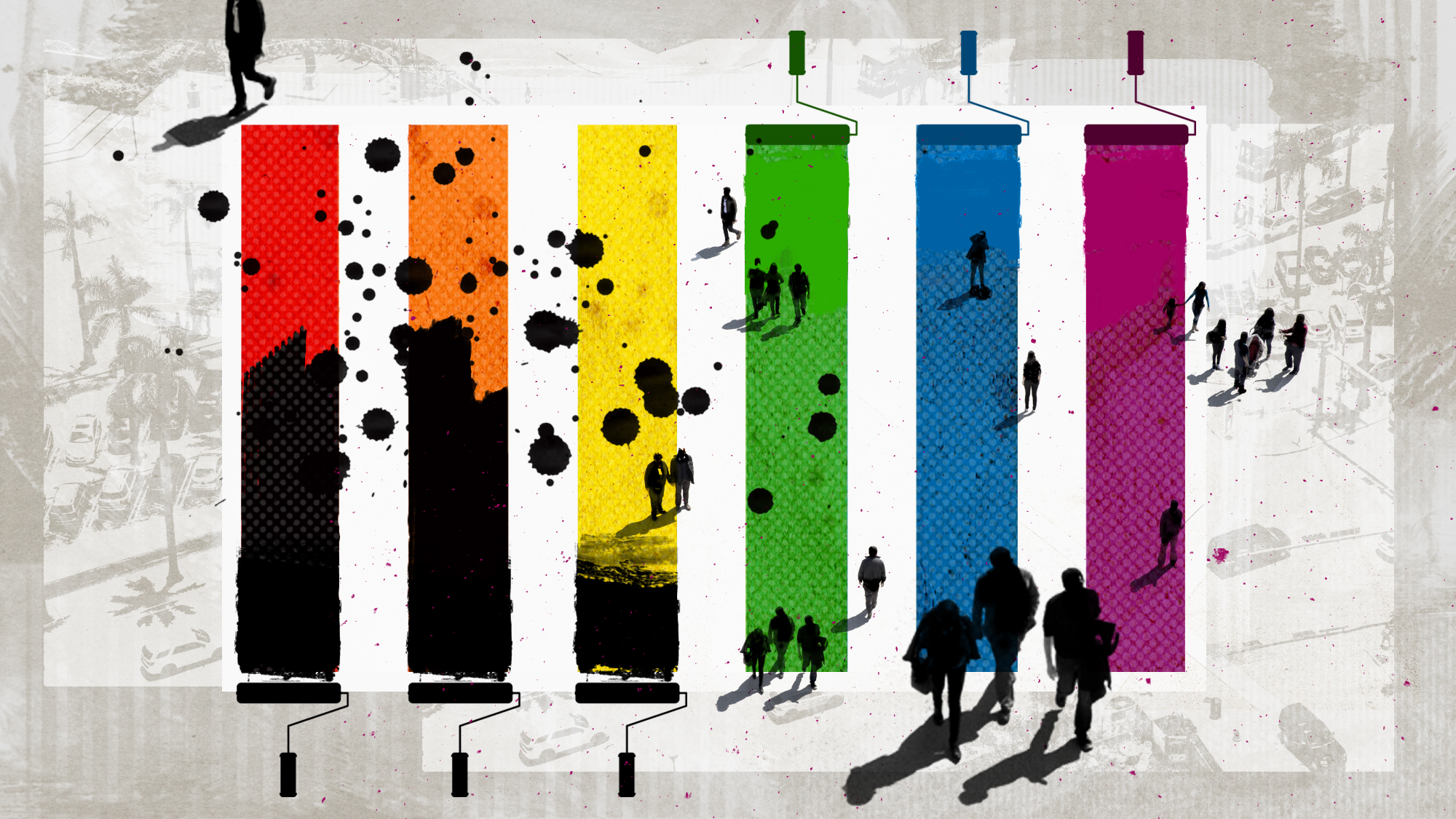 Florida wages crosswalk war on public displays of pride. Illustration of rainbow crosswalk being painted with people walking on top of it and palm trees in the background. 