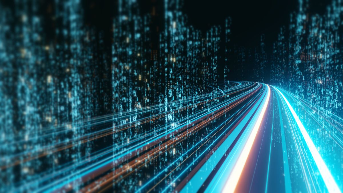 Visualisation of glowing highway and columns of binary