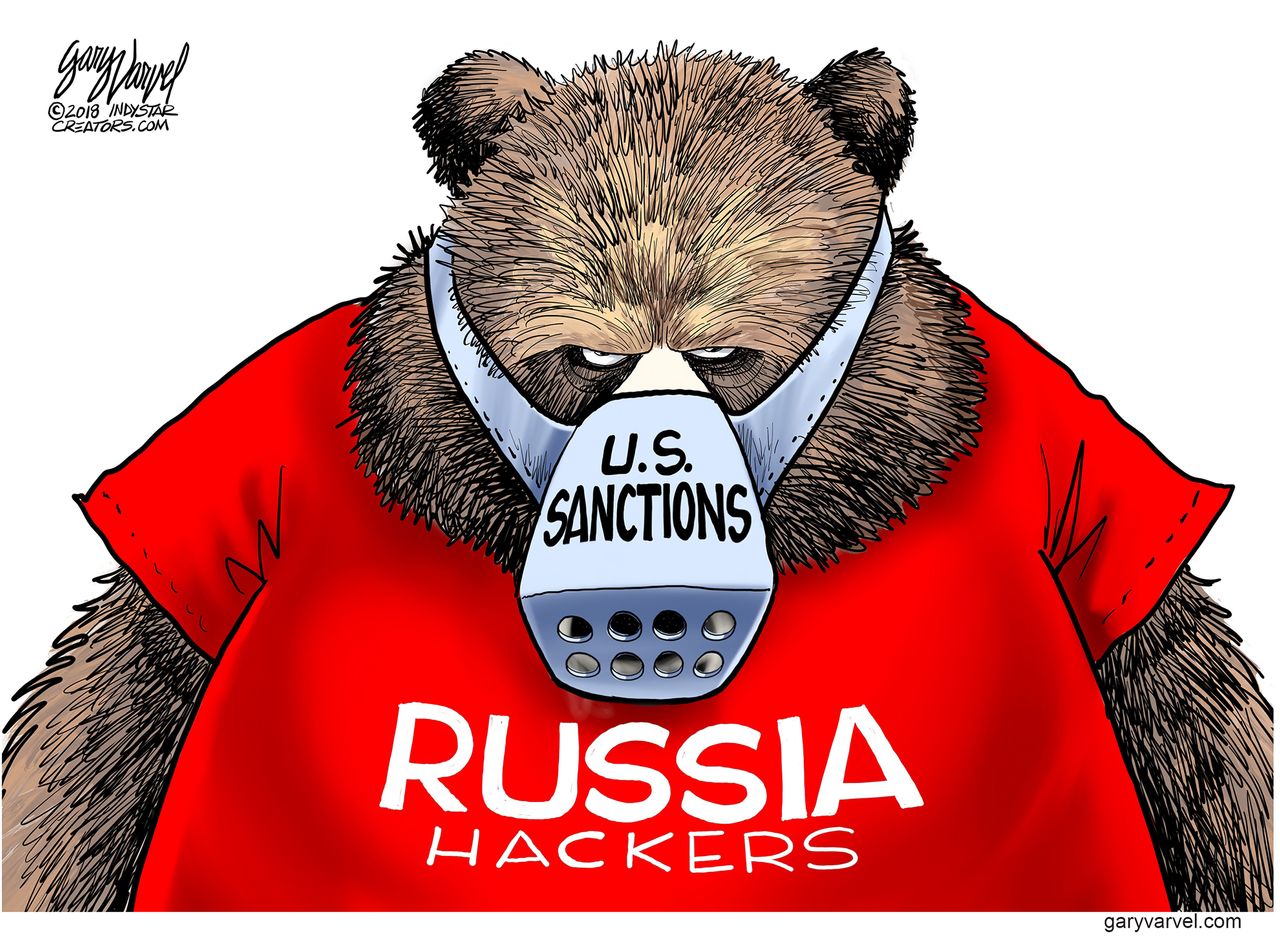 Political cartoon U.S. Russia investigation hackers sanctions