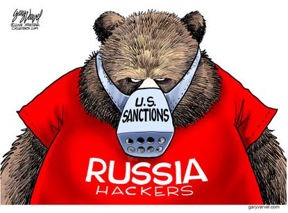 Political cartoon U.S. Russia investigation hackers sanctions