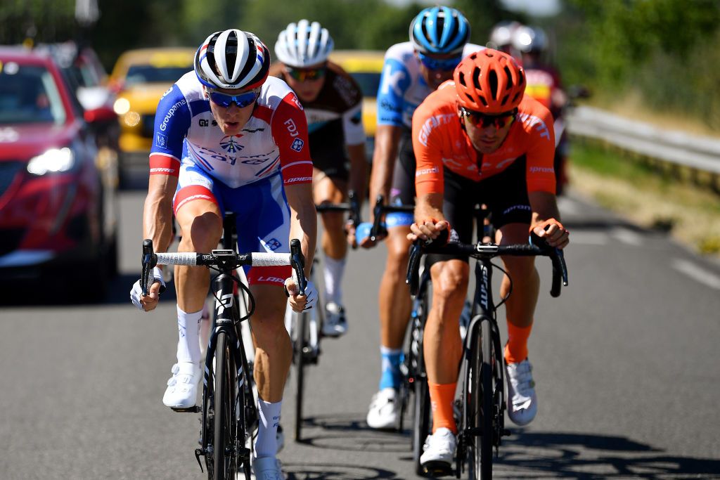 SAINTVULBAS FRANCE AUGUST 08 Joey Rosskopf of The United States and CCC Team Nils Politt of Germany and Team Israel StartUp Nation Jaakko Hnninen of Finland and Team Ag2R La Mondiale Julien Bernard of France and Team Trek Segafredo Kilian Frankiny of Switzerland and Team Groupama FDJ Breakaway during the 32nd Tour de LAin 2020 Stage 2 a 141km stage from Lagnieu to Llex MontsJura 896m tourdelain TOURDELAIN TDA on August 08 2020 in SaintVulbas France Photo by Justin SetterfieldGetty Images