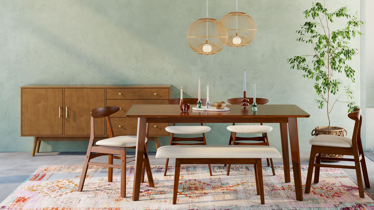 Walmart. Dark wooden dining table, matching chairs and bench, blue painted walls, rug, sideboard, pendants above table