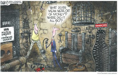
Political cartoon U.S. Obamacare IRS debt