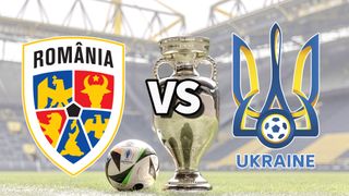 The Romania and Ukraine club badges on top of a photo of the Euro 2024 trophy and match ball