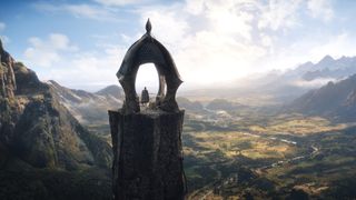 Alven Arondir ser ut på det solbelysta söderlandet från ett alvtorn i The Rings of Power