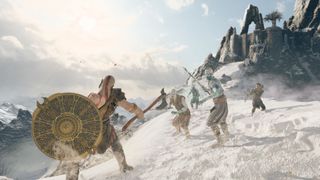 Kratos fighting on a mountain