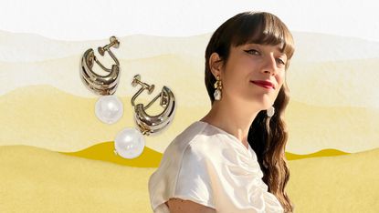 Graphic design art composed of a woman with clip-on earrings and a pair of large clip-on earrings next to her. Yellow water color element in the background.