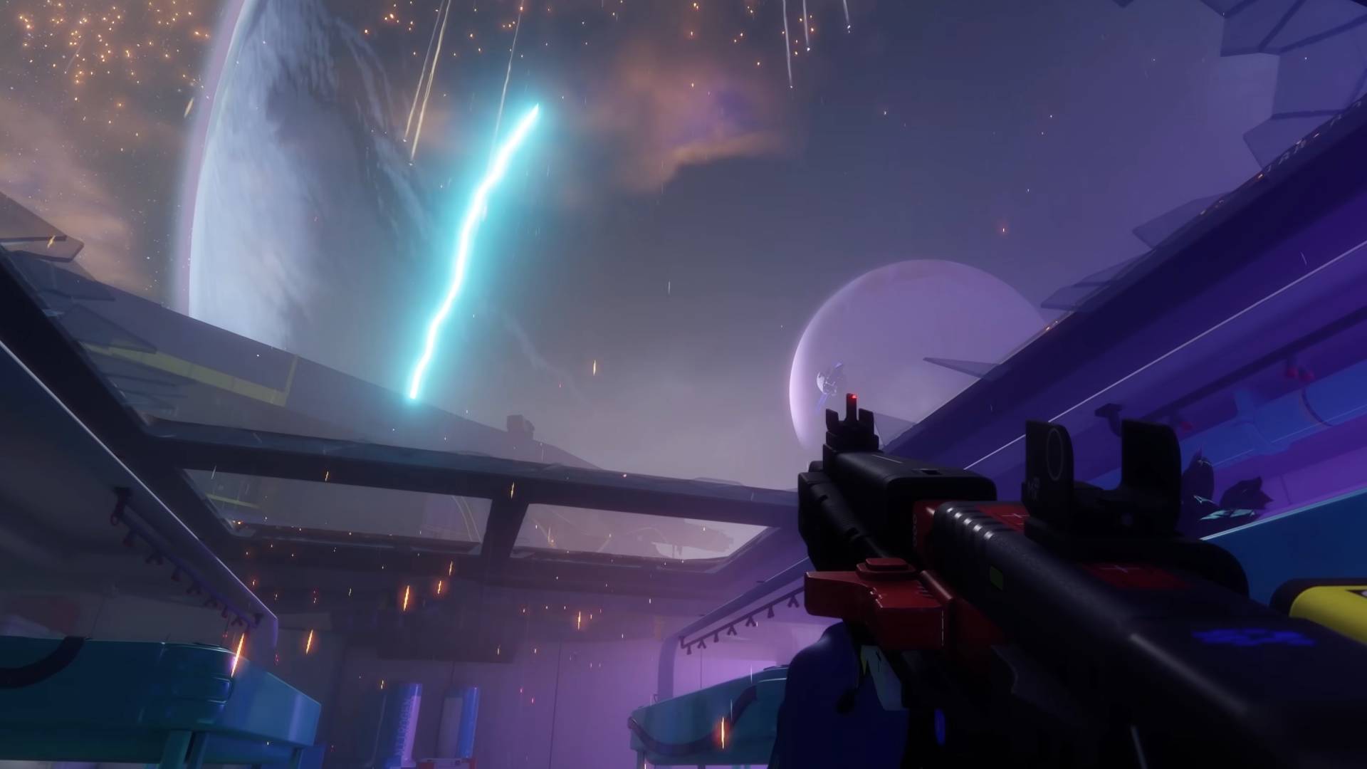 Marathon launch trailer screenshot of a player looking up at the sky top see several planets and the UESC Marathon ship