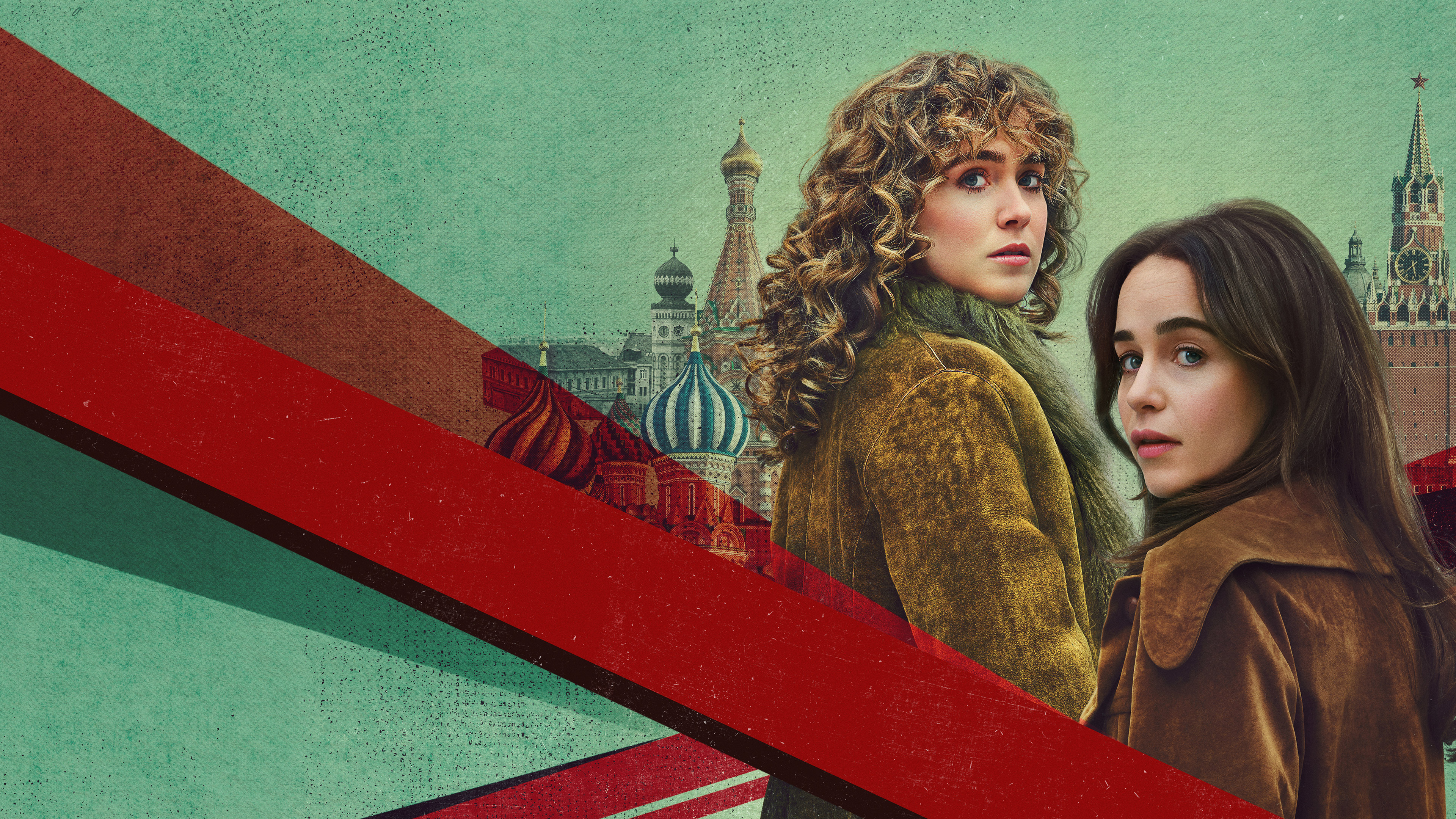 PONIES key art featuring Hayley Lu Richardson as Twila Hasbeck and Emilia Clarke as Bea with the skyline of Moscow behind them.