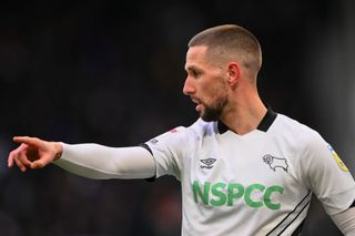Conor Hourihane of Derby County gestures during the Sky Bet League 1 match between Derby County and Shrewsbury Town at the Pride Park, Derby on Saturday 4th March 2023